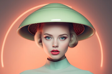 Retro portrait of a blonde girl with blue eyes and a surreal helmet on her head against a pink pastel background.