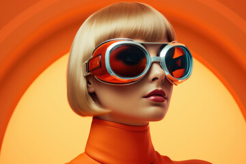 Futuristic retro portrait of blonde girl futuristic orange glasses on oval orange background.