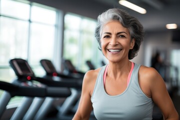 Sporty portrait of a fifty year old Hispanic woman at the gym.
