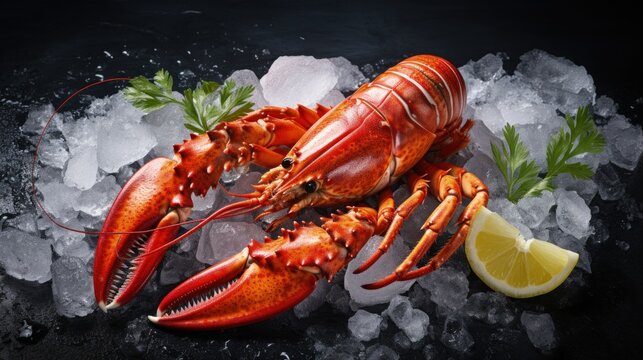 Top view of a whole red lobster with ice and lemon. Generative AI
