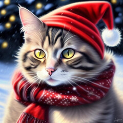 Comical portrait of a cat wearing a Christmas hat and scarf.  Generative AI