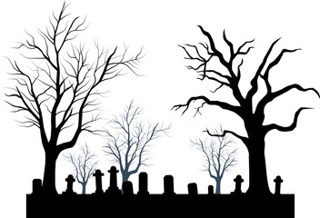 Halloween silhouette background with trees, tombstones, Cemetery in forest.