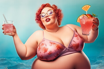 Beautiful fat woman enjoying a cocktail at a seaside resort, plus size model, happy vacation concept - obrazy, fototapety, plakaty