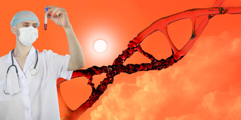 scientist, doctor, disrupted human dna structure with helix destroyed, deoxyribonucleic acid, sun...