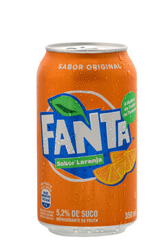 S&atilde;o Paulo, Brazil - October 10, 2023, Can of orange Fanta, drunk fresh in a 350 ml aluminum container on a white background