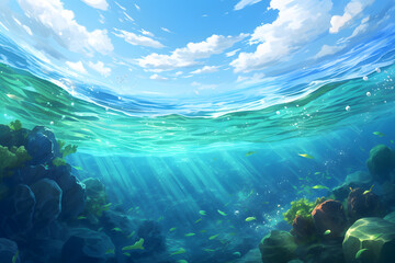 Fototapeta na wymiar Ocean in blue and white in the style of anime art 
