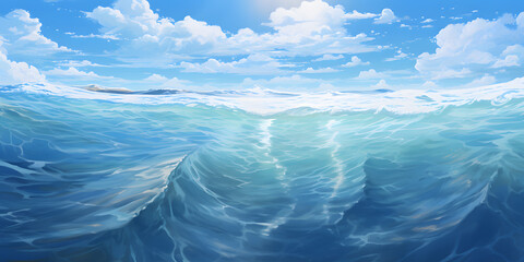 Ocean in blue and white in the style of anime art 