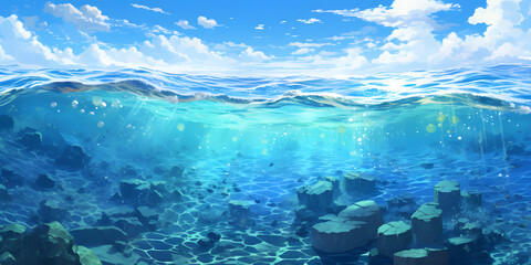 Fototapeta na wymiar Ocean in blue and white in the style of anime art 