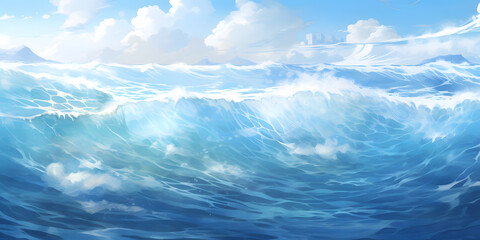 Ocean in blue and white in the style of anime art 