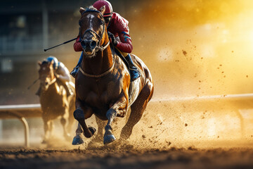 horse racing on a hippodrome, generative ai. the horse gallops at speed.
