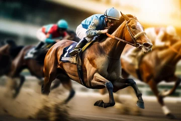 Foto op Plexiglas horse racing on a hippodrome, generative ai. the horse gallops at speed. © Alexander Odessa 