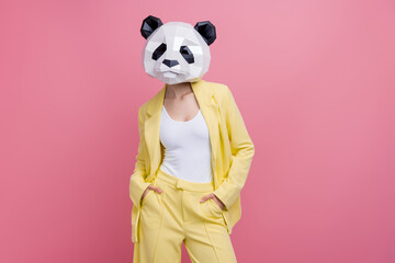 Photo of classy elegant costume lady 3d panda mask put hands pockets posing empty space isolated on...