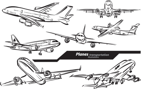 plane transport set collection doodle design drawing vector illustration