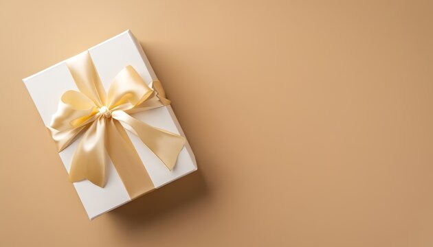Top view photo of Valentine's Day white giftbox with golden satin ribbon on beige background with copy space