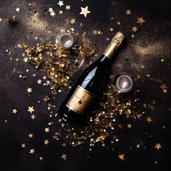Fototapeta premium Evoke the festive spirit with this top view of a champagne bottle enveloped by glistening stars and playful streamers, curating a vibrant flat lay with empty space for Christmas or New Year