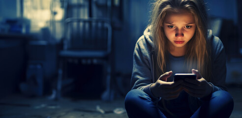 Unhappy teen girl sitting on floor with mobile phone nearby, upset frustrated child teenager being bullied or harassed online. Cyberbullying among teens, with copy space. - obrazy, fototapety, plakaty