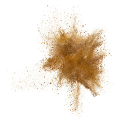 Gold ore nugget mix sand explode from Mining. Golden ore grain powder explosion with sand stone gravel in gold Mine industry. White background Isolated throwing freeze stop motion - obrazy, fototapety, plakaty