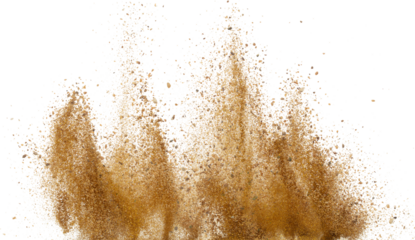 Gold ore nugget mix sand explode from Mining. Golden ore grain powder explosion with sand stone gravel in gold Mine industry. White background Isolated throwing freeze stop motion