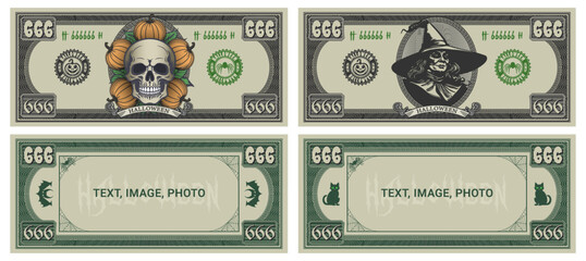 Vector obverse of the banknote. Halloween holiday. Denomination of 666 bills with skull, pumpkins and witch. Blank reverse. Inscription, text, image, photo . Sample flyer or tickets.