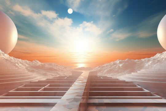 Modern Ascending stairs to the sun. Sunlight life. Generate Ai