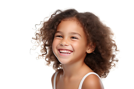 Studio portrait of a cute happy little girl with a beautiful smile isolated on transparent png background.
