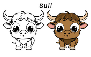 Bull Cute Animal Coloring Book Hand Drawn Illustration for kids