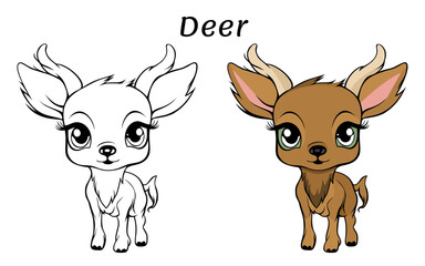 Deer Cute Animal Coloring Book Hand Drawn Illustration for kids