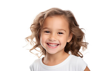 Studio portrait of a cute happy little girl with a beautiful smile isolated on transparent png background.