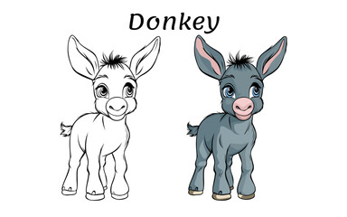 Donkey Cute Animal Coloring Book Hand Drawn Illustration for kids