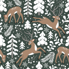 Seamless vector pattern with cute Christmas deer, pine trees, berries and snowflakes. Hand drawn illustration artwork. Perfect for textile, wallpaper or print design.