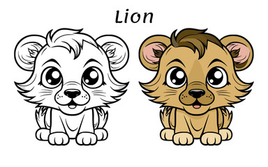 Lion Cute Animal Coloring Book Hand Drawn Illustration for kids