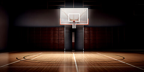 Professional basketball court with transparent backboard and red hoop and wooden parquet on floor