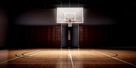 Fotobehang Professional basketball court with transparent backboard and red hoop and wooden parquet on floor © Bonsales