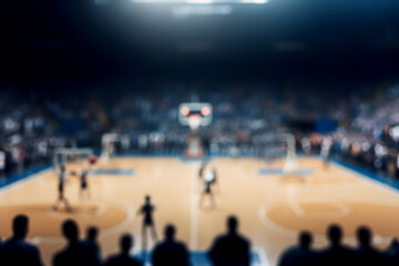 Blurred basketball arena with players and spectators during sport match of tournament
