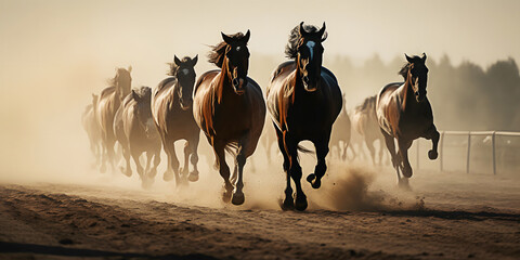Group of brown thoroughbred racing horses gallop along dusty ground at ranch outdoor - obrazy, fototapety, plakaty
