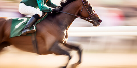 Jockey sitting on racing horse rushes at high speed to finish line on hippodrome on blurred background. - obrazy, fototapety, plakaty