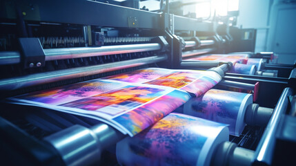 Machine printing colored newspaper, offset printing press, printing in progress