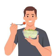Young man eating salads. Diet food for life. Healthy foods with benefits. Healthy and vegan food concept. Flat vector illustration isolated on white background