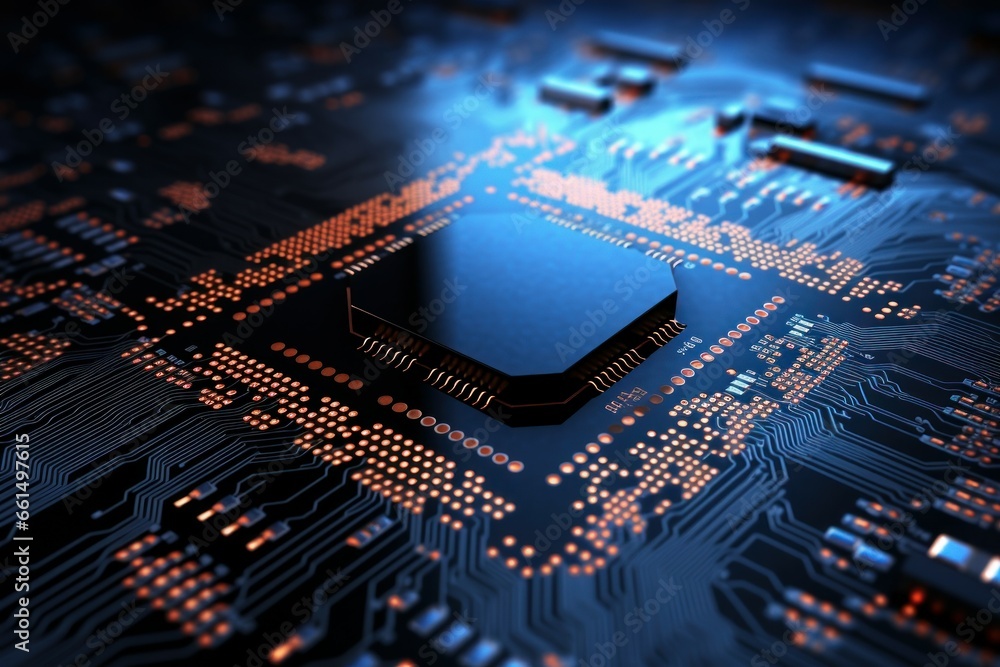 Poster cutting-edge microcircuit radiance info wide view. an exhibit of a sophisticated circuit shining in 