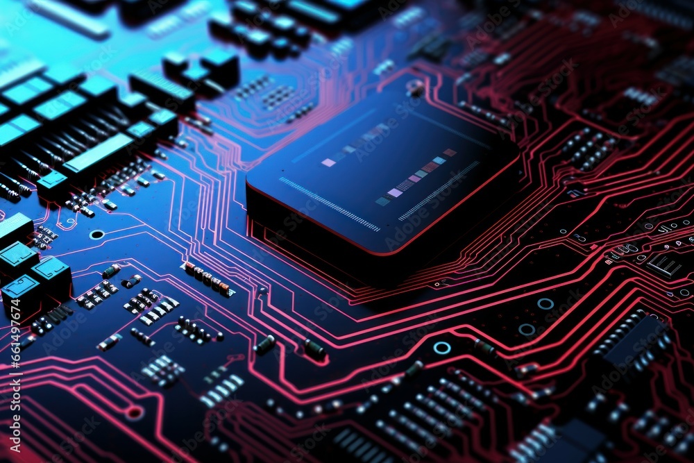 Poster distinctive integrated circuit chartreuse flare data macro shot. a presentation of a complex chip gl