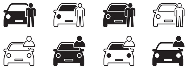 Set of icons car with man. People, cars. Vector illustration.