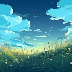 Fototapeta na wymiar Cartoon style blue sky and grass. Summer field. Flat illustration.