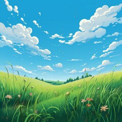 Cartoon style blue sky and grass. Summer field. Flat illustration.
