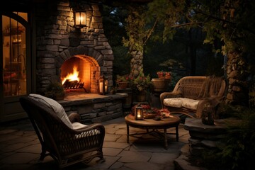 Fototapeta na wymiar Cozy exterior campfire scene featuring lumber recliners and flora accents. The patio is adorned with verdant furnishing. Generate Ai
