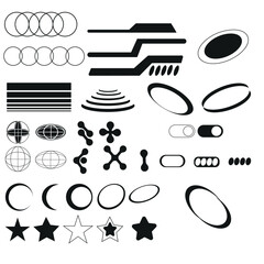 Retro futuristic elements for design. Collection of abstract graphic geometric symbols and objects in y2k style. Templates for banners, stickers, business cards.