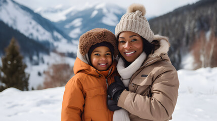 Fototapeta na wymiar Black African American mother with smiling son at a ski resort wearing winter clothes, view of mountains and snow in the background, winter snow Christmas season