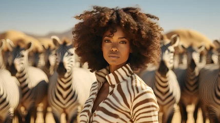 Foto auf Glas Black afro woman stands with a herd of zebra, Africa safari travel summer © Trendy Graphics