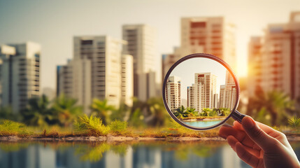 Magnifying glass over residential building, searching an apartment flat for sale