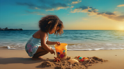 Mixed race girl child plays with beach bucket on the beach in summer time