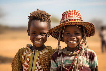 Happy African children smiling on the background of nature, the problem of poverty in Africa 2 - obrazy, fototapety, plakaty